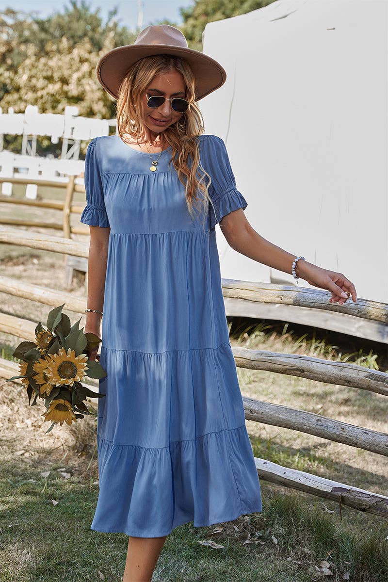 Supreme Fashion - Wholesale Dress - Women's - Flowy Pleated Short Sleeve Solid Midi Dress10