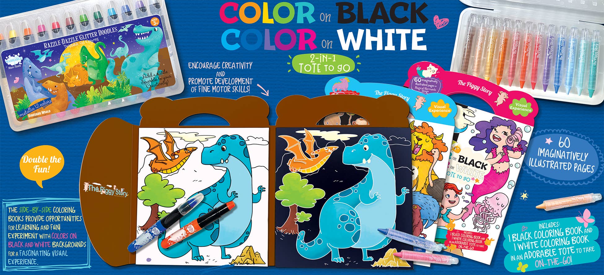 The Piggy Story - Wholesale Coloring & Activity Book - Kids & Baby - Color on Black, Color on White 2-in-1 Tote Dinosaur World4