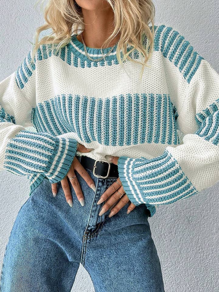 Lovesoft - Wholesale Knit Sweater - Women's - Brown Two Tone Striped Patchwork Drop Shoulder Loose Sweater4