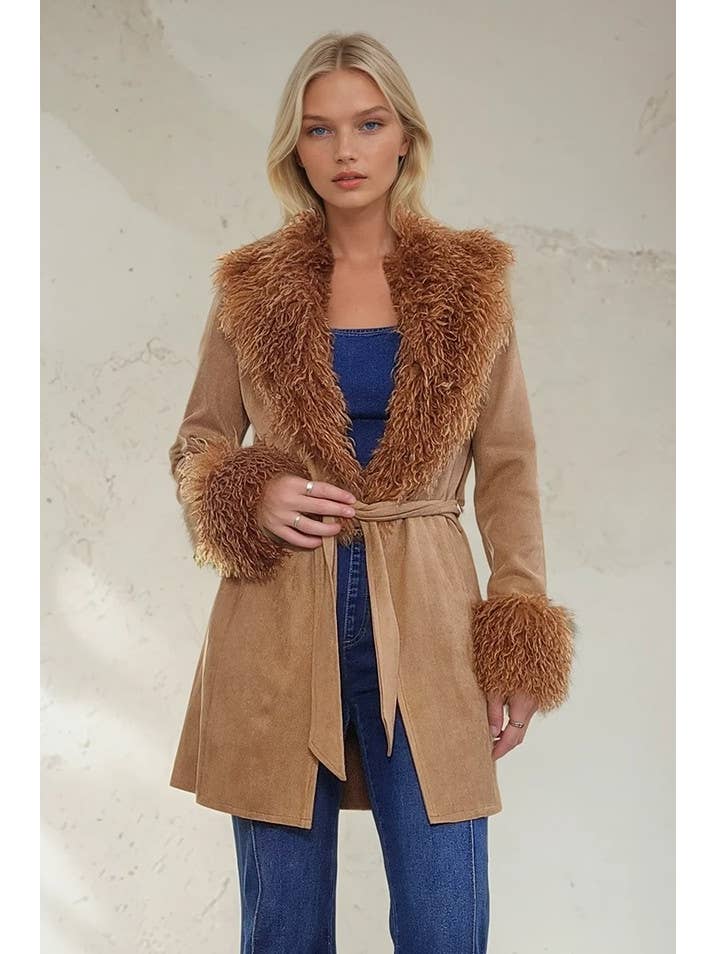 WISTERIA LANE - Wholesale Fur/Faux Fur Coat - Women's - PENNY LANE FAUX SUEDE FUR TRIM COAT W6376JIC4
