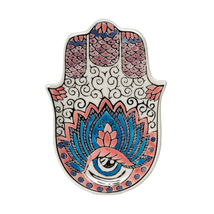 Hamsa Ceramic Dish with Brass Incense Holder for wholesale by Pacific Trading