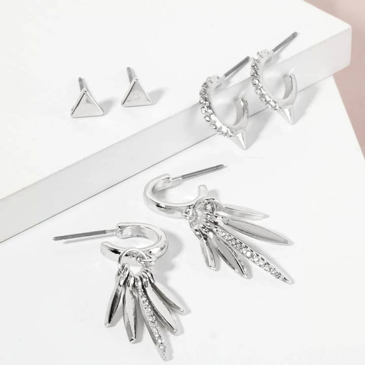Wild Honey - Wholesale Jewelry Set - 3PC-Set Crystal-Pave Polished Metal Huggie Hoop Stud Earrings