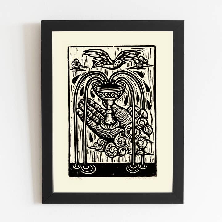 Ace of Cups Tarot Linocut Art Print for wholesale by Horse & Hare