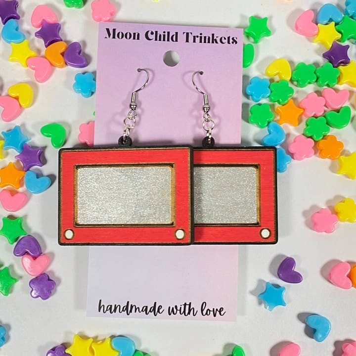 Etch A Sketch Toy Hand Painted Wood Dangle Earrings for wholesale by Moon Child Trinkets