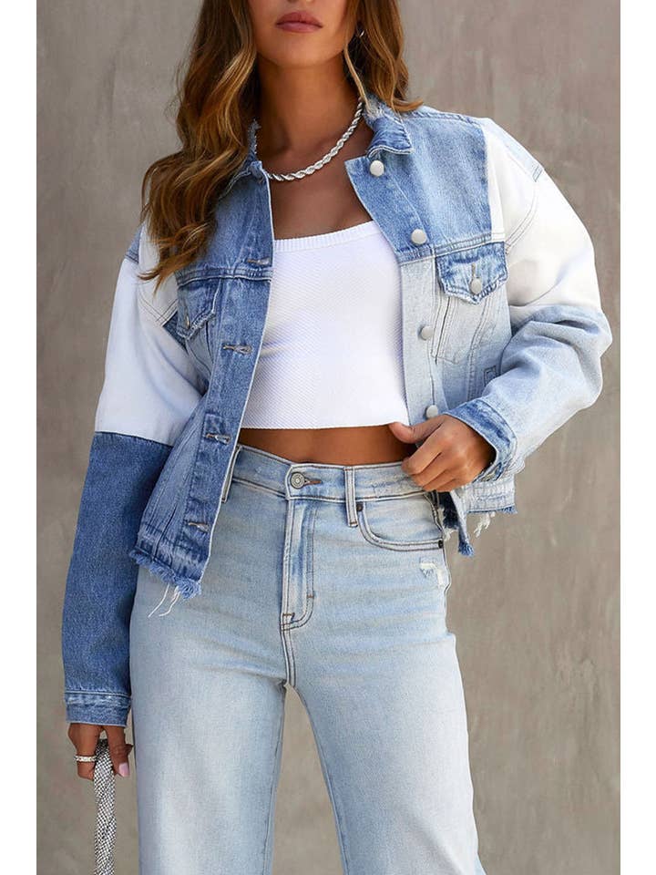 Sky Blue Color Block Denim Patchwork Frayed Hem Jacket for wholesale on Faire