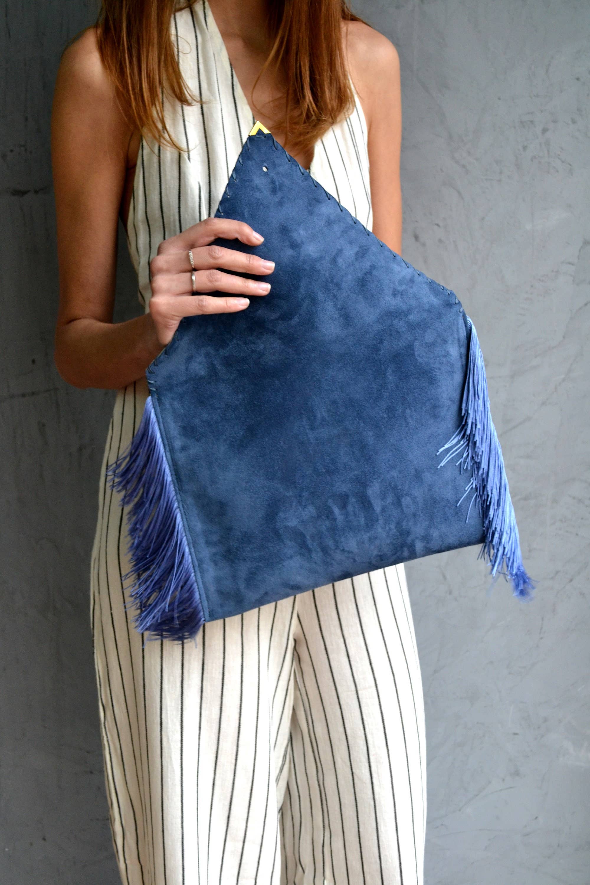 ANA KOUTSI - Wholesale Clutch Bag - Women's - Medusa Clutchin raf blue with silk fringes2