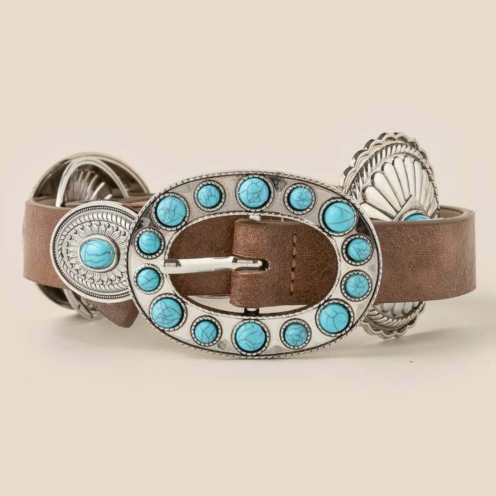 Western Round Turquoise Buckle Concho Belt for wholesale by Anarchy Street