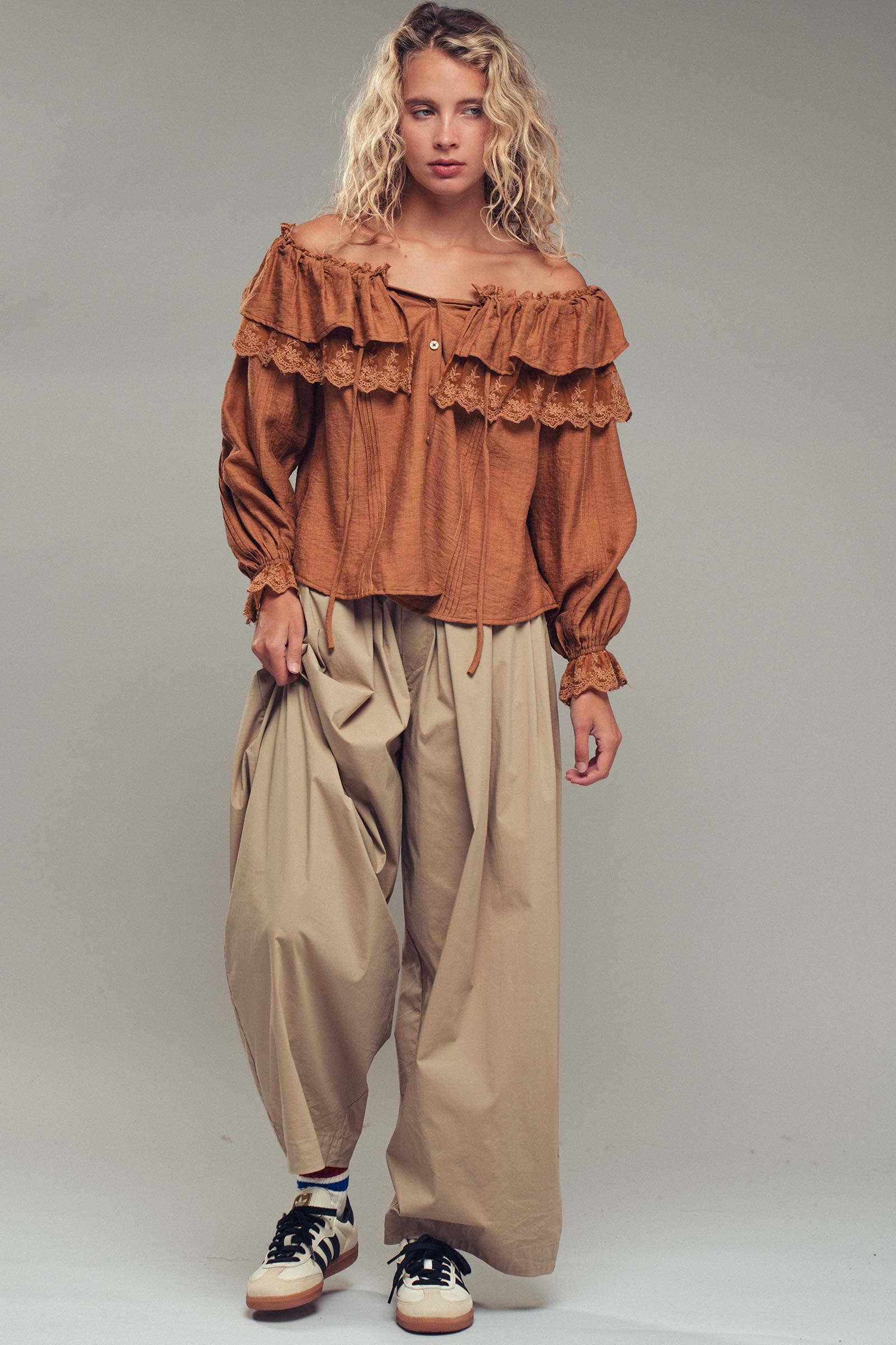 Urban Daizy - Wholesale Blouse - Women's - Lace Trim Ruffle Tie Neck Spring Blouse Top3