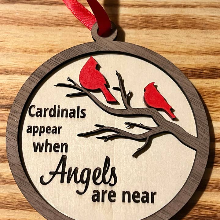 Cardinals Appear when Angels are Near - Multi-Layered Wooden Ornament with Two Red Cardinals and Hanging Ribbon for wholesale by Turnmeyers