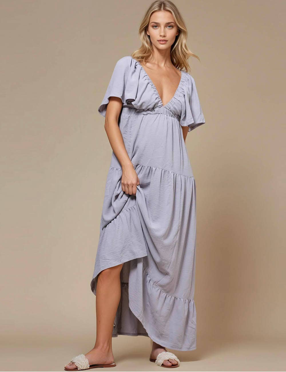 Sweetkama - Vente Robe – femme - Robe maxi unie décolleté en V et dos nu SKD15320