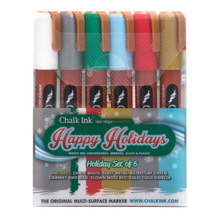 Happy Holidays set of 6 Wet Wipe 6mm Markers for wholesale by Chalk Ink Markers