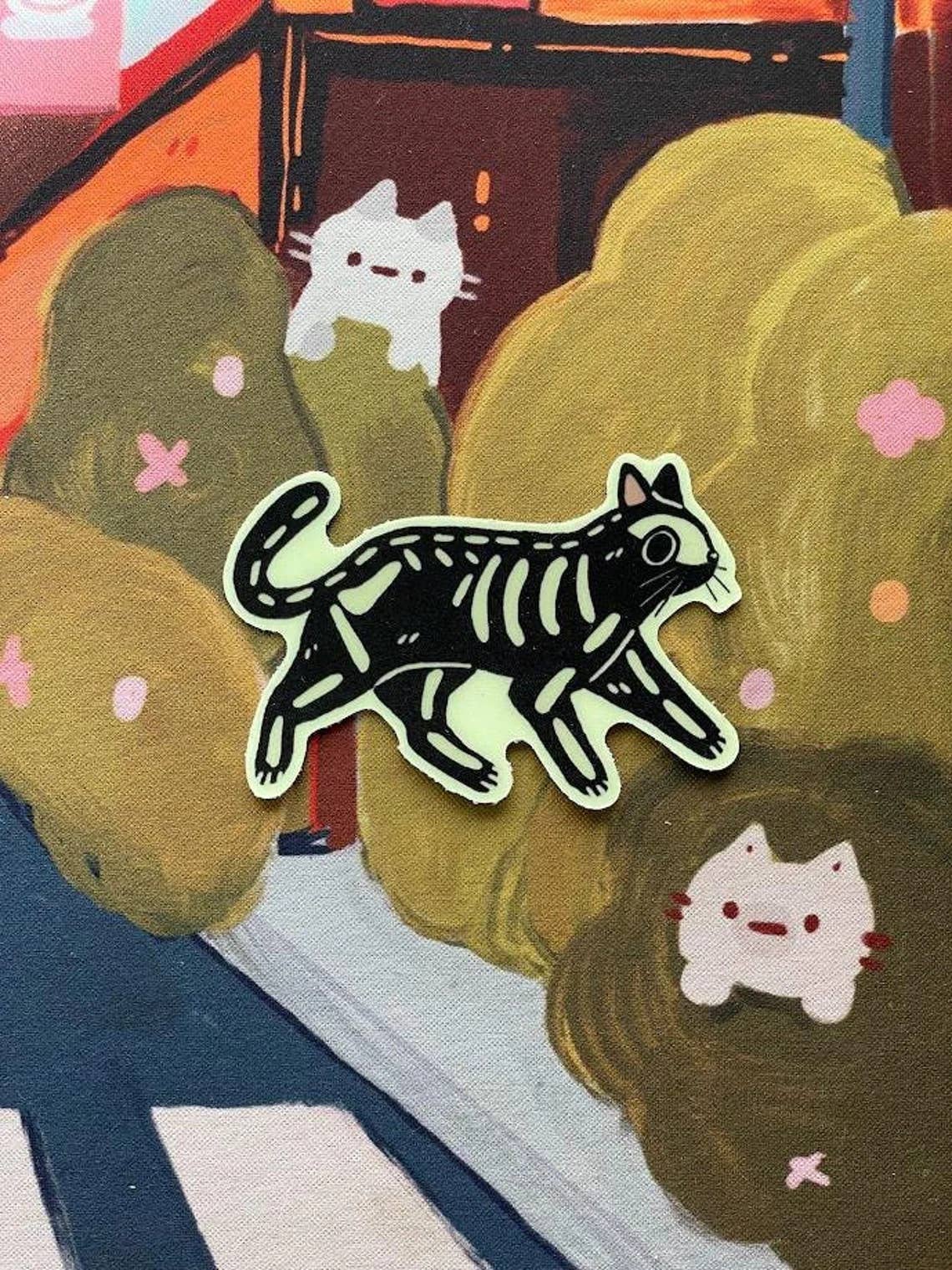 Paper Rat Illustrations - Wholesale Sticker - Glow in the Dark Skeleton Cat Sticker