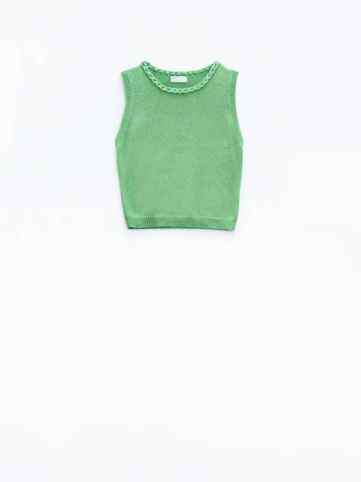 Sleeveless Green Sweater With Crew Neckline And Braid Detail At Neckline for wholesale on Faire