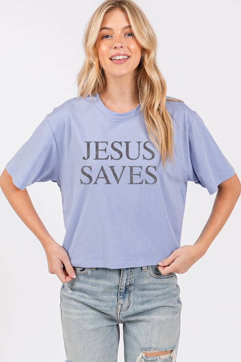 Zutter - Wholesale Screen Printed T-Shirt - Women's - Jesus Saves Graphic S/S Relaxed Faux Crop Tee6