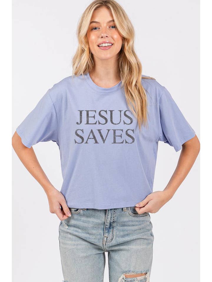 Zutter - Wholesale Screen Printed T-Shirt - Women's - Jesus Saves Graphic S/S Relaxed Faux Crop Tee6