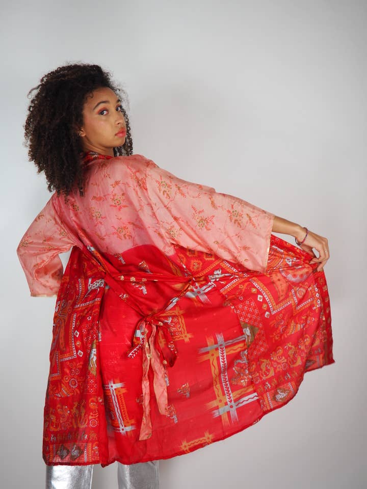 Vagabond Ibiza - Wholesale Kimono - Women's - The Kardash Kimono Mid-Length – Upcycled Vintage Sari Kimono40
