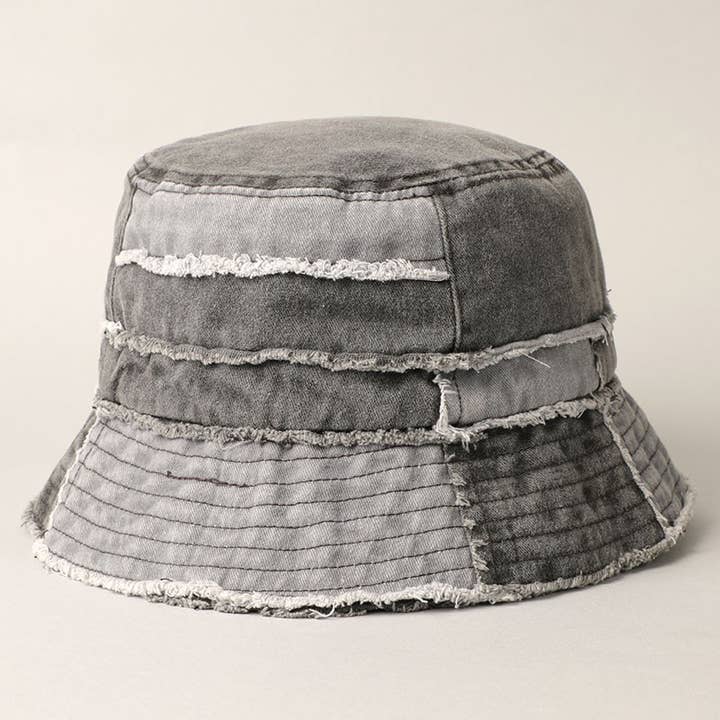 Fashion City - Wholesale Bucket Hat - Women's - Frayed Patchwork Canvas Denim Bucket Hat