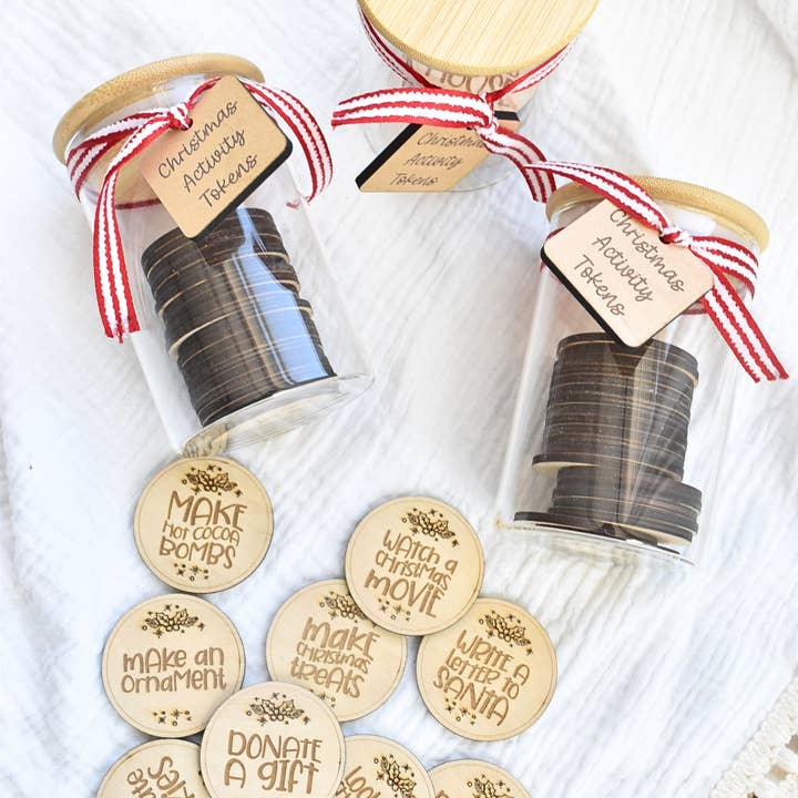 Christmas Activity Tokens – 20 Wooden Holiday Ideas for wholesale by Etchedoccasions