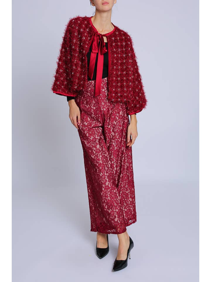 Red Embellished Fuzzy Boucle Crop Jacket PC4109 for wholesale on Faire