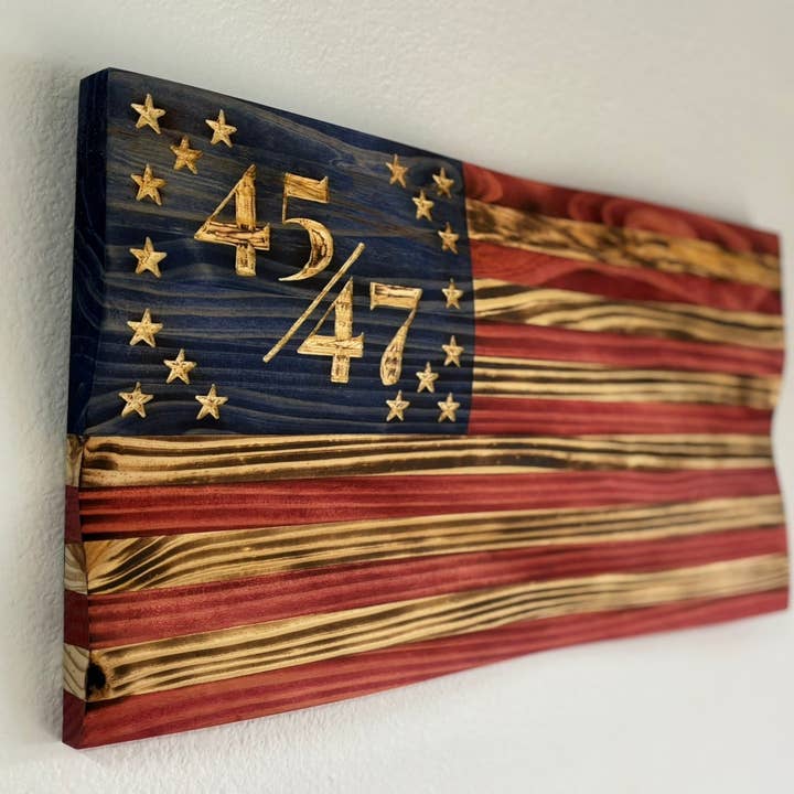 Handcrafted Extra Burnt Waving Wooden 45/47 Flag – Rustic Patriotic Wall Art Decoration for wholesale by Rugged Cross Creations