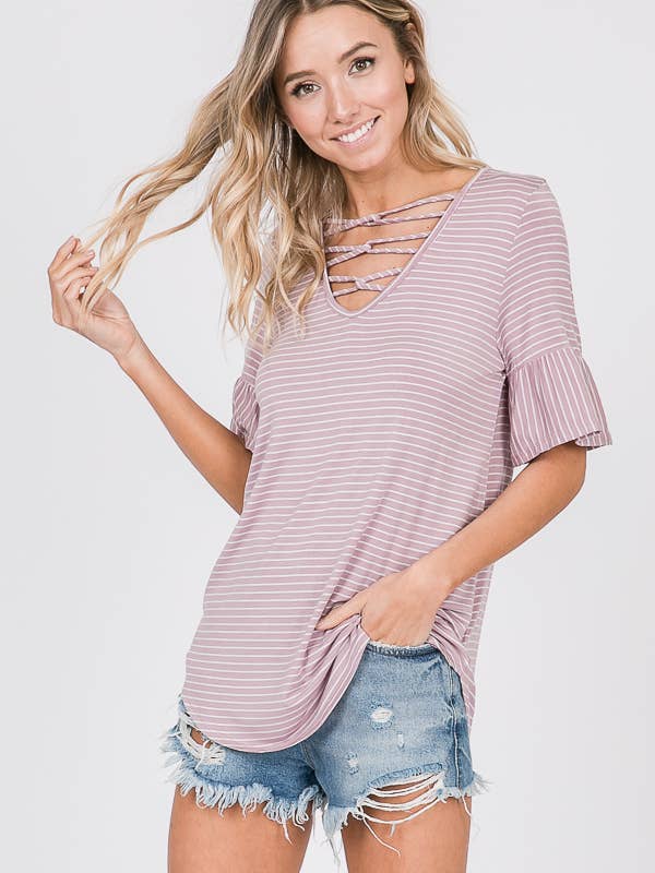 Stripe Strappy V neck Ruffle Short Sleeve Top T2217 for wholesale by 7th Ray
