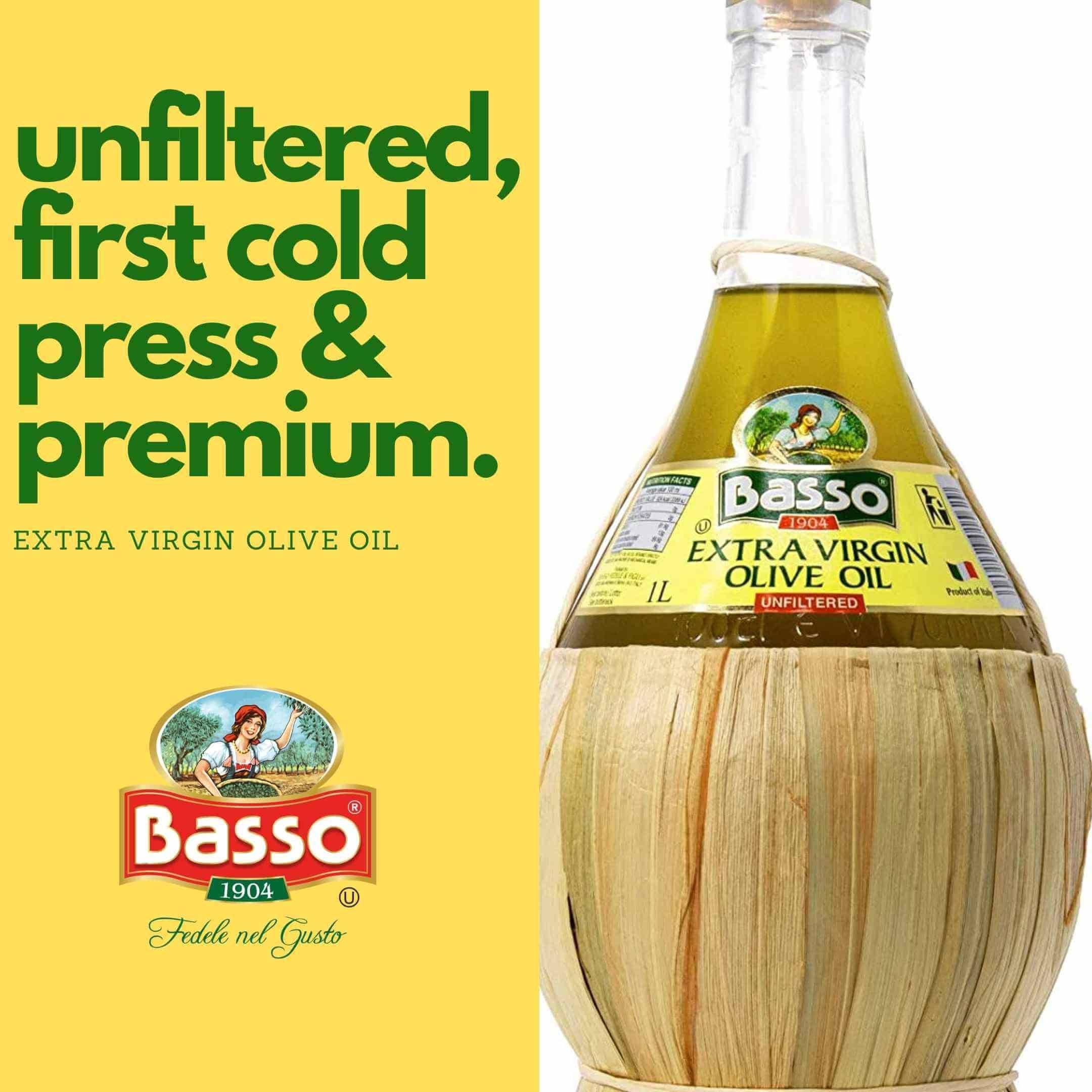 Wholesale Italian Food - Wholesale Olive Oil - Basso 1904 Unfiltered “First Cold Pressed” Extra Virgin Olive Oil – 1 L (33.8 fl oz)3