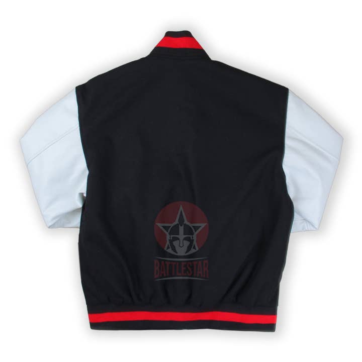 Battlestar Clothing & Gear Co - Wholesale Varsity/Baseball Jacket - Men's - Black Wool & Leather Varsity Jacket - Red Rib Detailing
