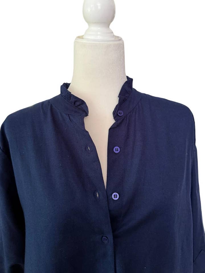 Navy Blue Linen-Cotton Blend Ruffle Collar Blouse for wholesale by Rena Lina
