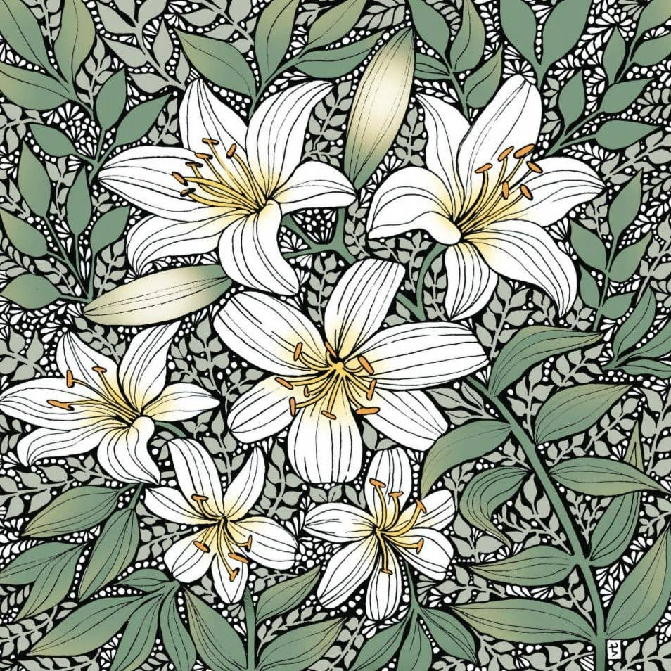 Alff a Bet Design - Wholesale Everyday Greeting Card - Cream Lilies on Green  Blank0