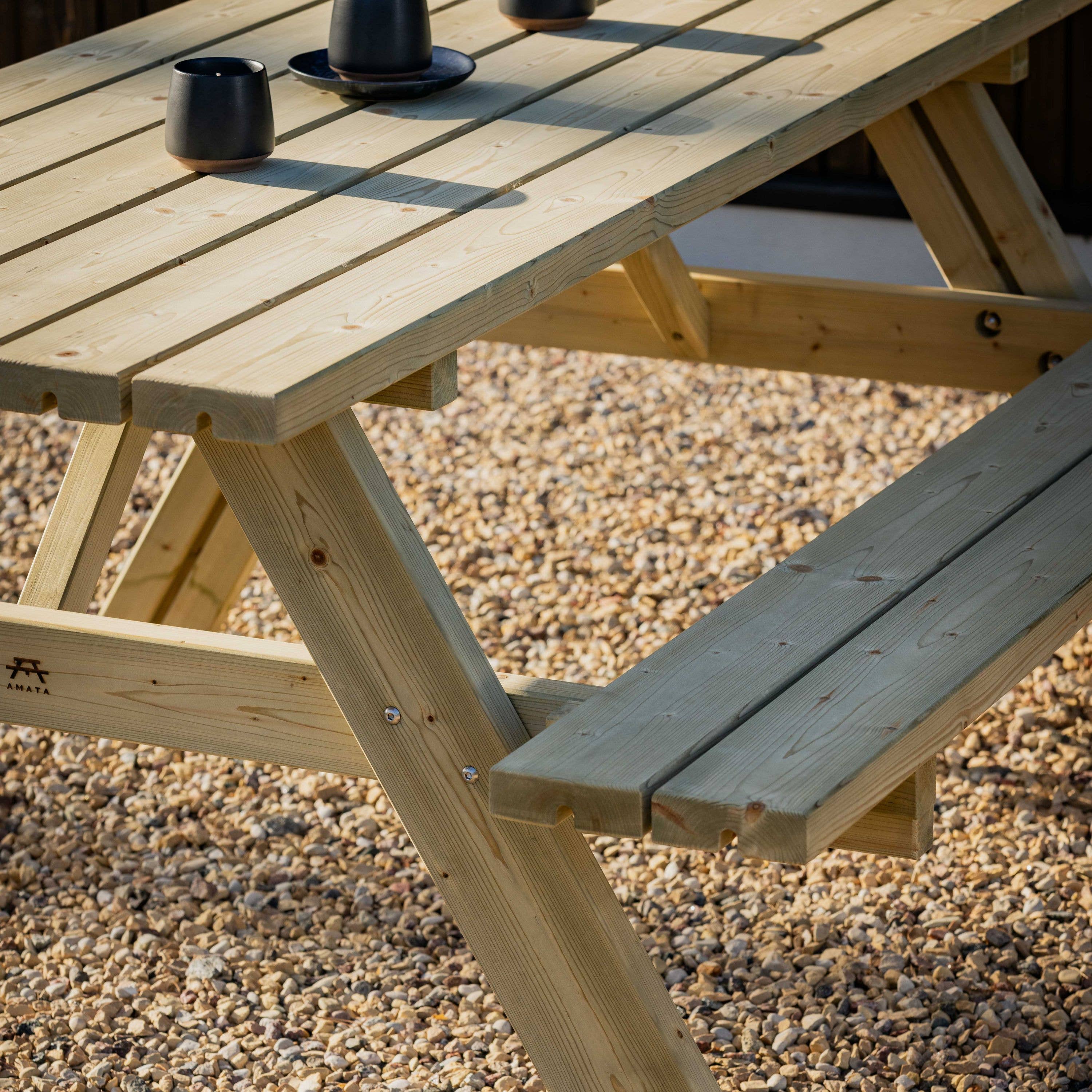 AMATA – Mesa de pátio por atacado – Conjunto de Mesa de Piquenique em Madeira com Bancos em A6