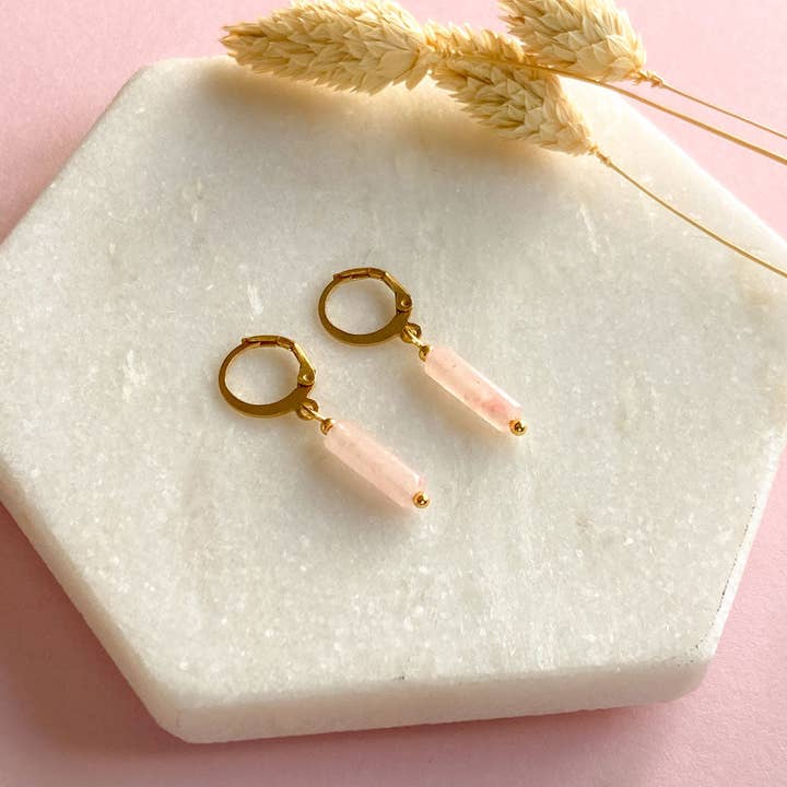 Rose quartz tube earrings gold for wholesale by Mystic Jewelry