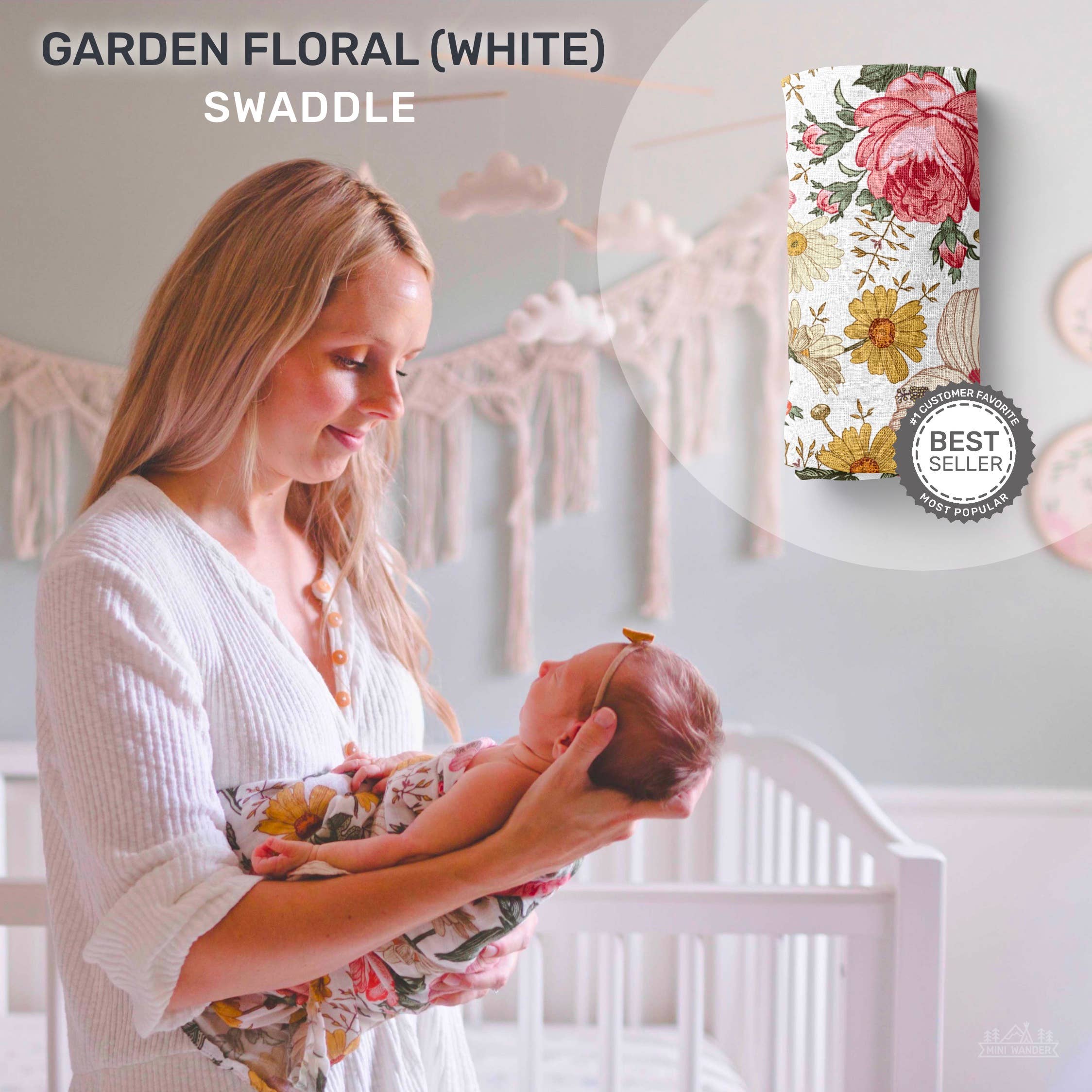 Mini Wander, LLC - Venta al por mayor Mantita - Bebé - Mantel de muselina blanca con estampado floral para jardín10