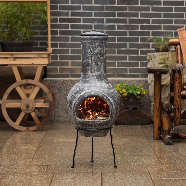 Quickway Imports – wholesale Eldstad – Grå utomhus lera Chiminea Öppen spis Stoney Scribble Design1