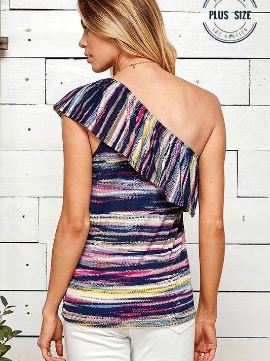 BLEU MARINE/FUCHSIA SPT5039P - PLUS HAUT À RAYURES MULTICOLORES À UNE ÉPAULE AVEC VOLANTS en vente sur Faire7