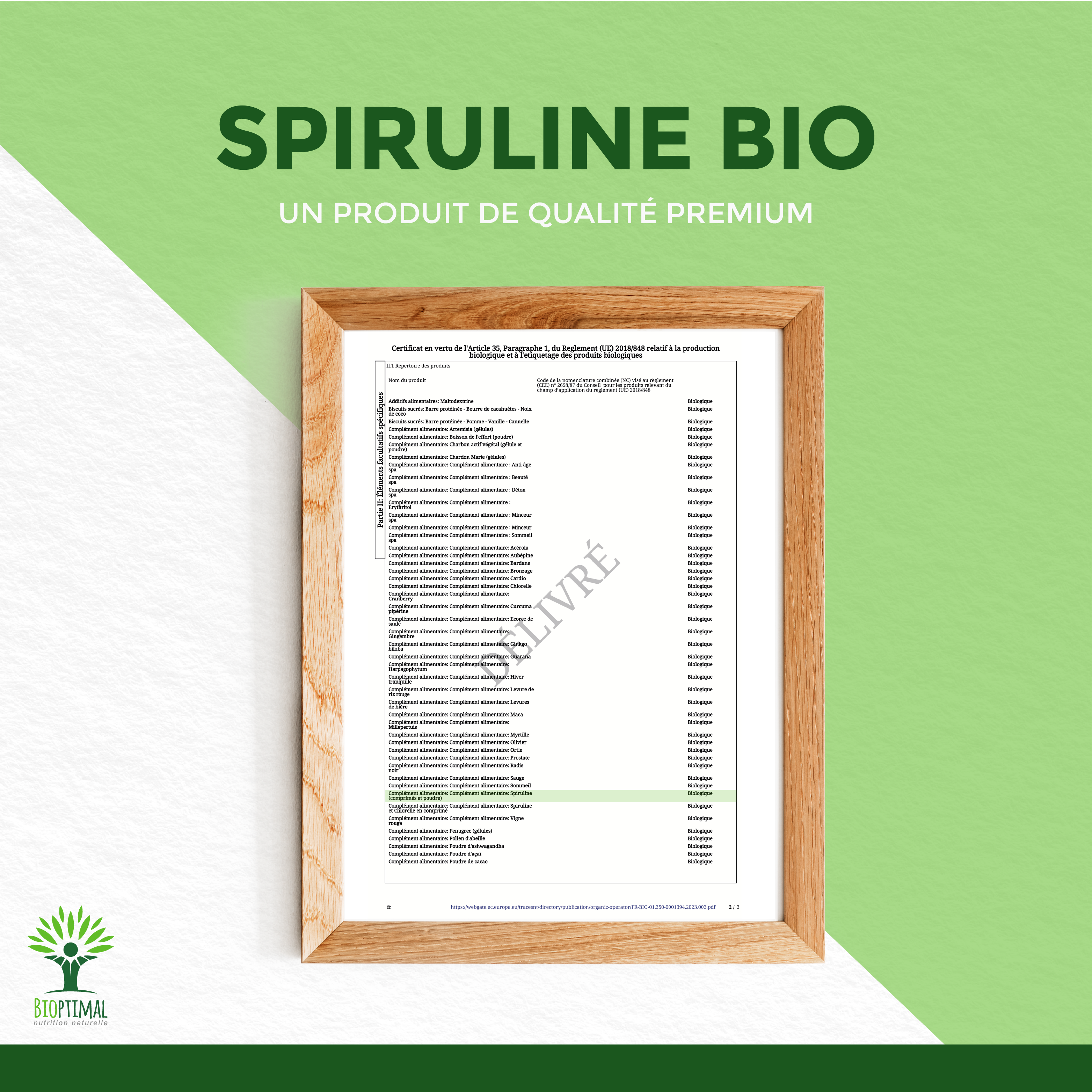 Bioptimal - Wholesale Protein/Superfood Powder - Organic Spirulina Powder - Packaged in France - Vegan10