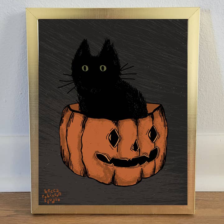 Black Cat in Pumpkin Art Print for wholesale by Becca Robinson Studio