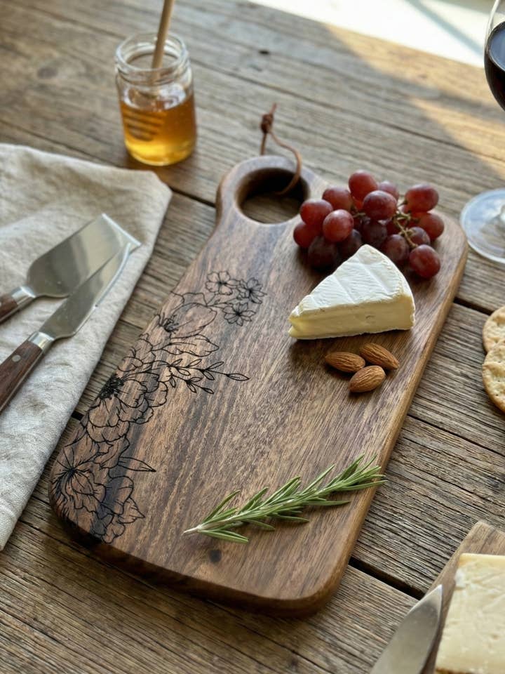 Floral Laser Engraved Bread Board with Handle for wholesale by House of Wren