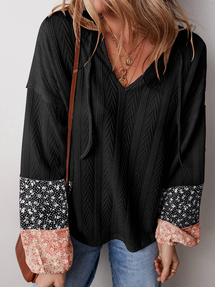 Lovesoft - Wholesale Blouse – Women’s - Floral Patchwork Textured Knit Drawstring V Neck Blouse3