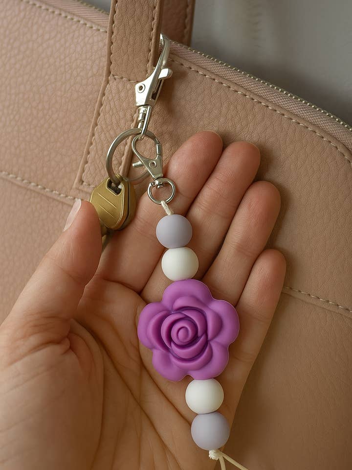 Purple Rose Silicone Keychain for Women, Zip Charm for Kids. for wholesale by Gummy Chic