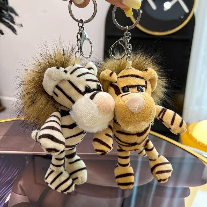 FurDecoration - Venta al por mayor Llavero - Mujer - Lindo llavero con forma de muñeco de tigre con piel de mapache, colgante en forma de llavero de coche2