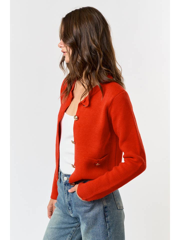 Red ILT4805 BUTTON FRONT POCKET DETAIL SWEATER CARDIGAN for wholesale on Faire
