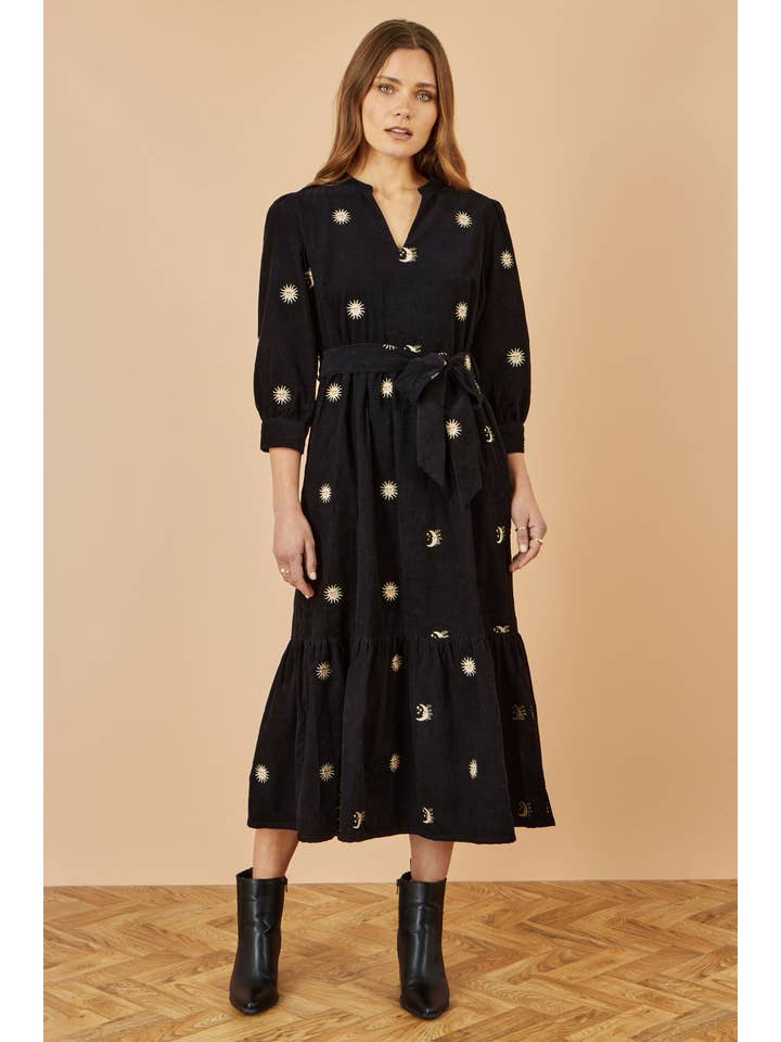 Yumi Black Cosmic Embroidery Cord Midi Shirt Dress for wholesale on Faire3