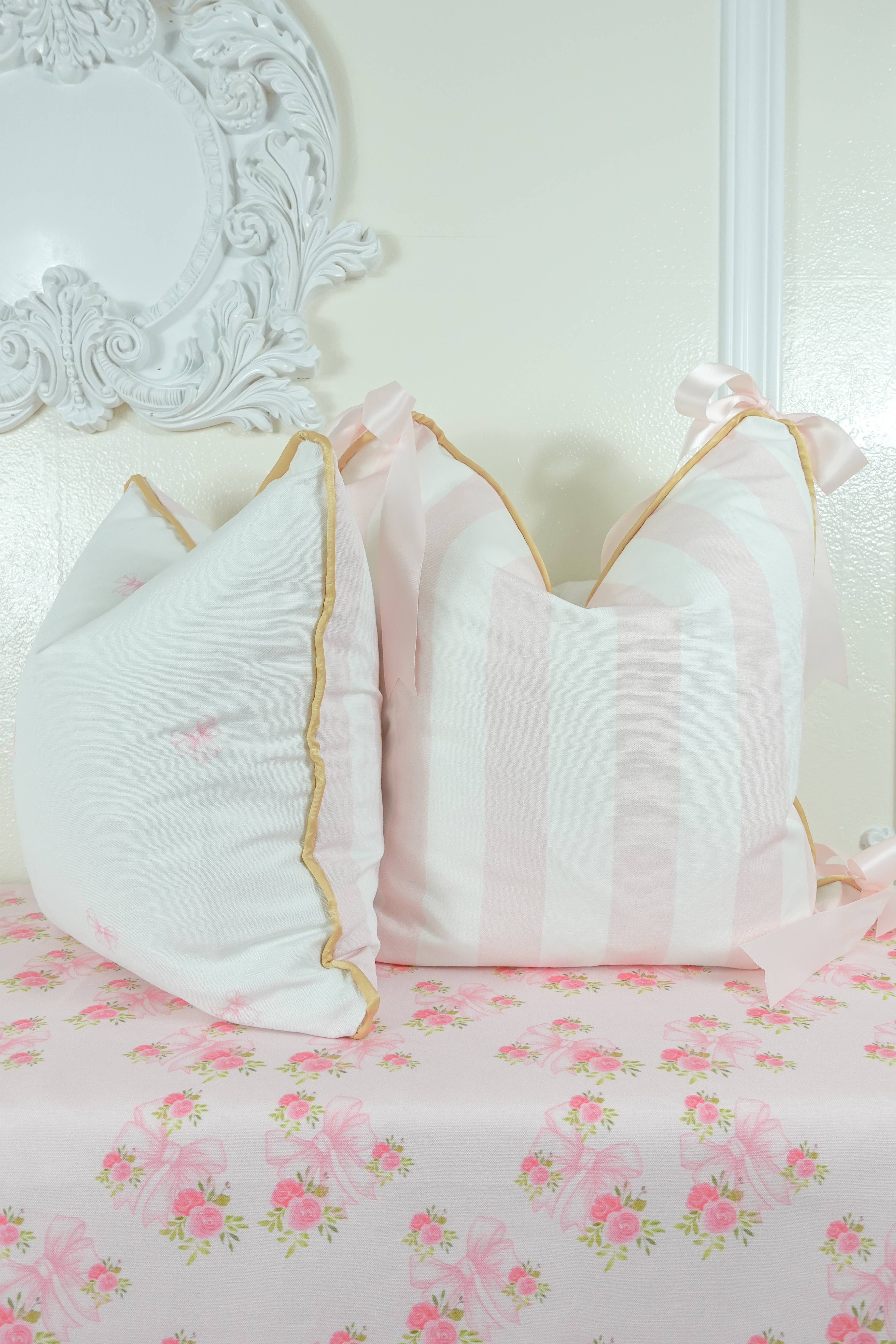 West Cottage Interiors - Wholesale Throw Pillow Cover - Abella, Pink and White Stripe With Bows Pillow Cover2