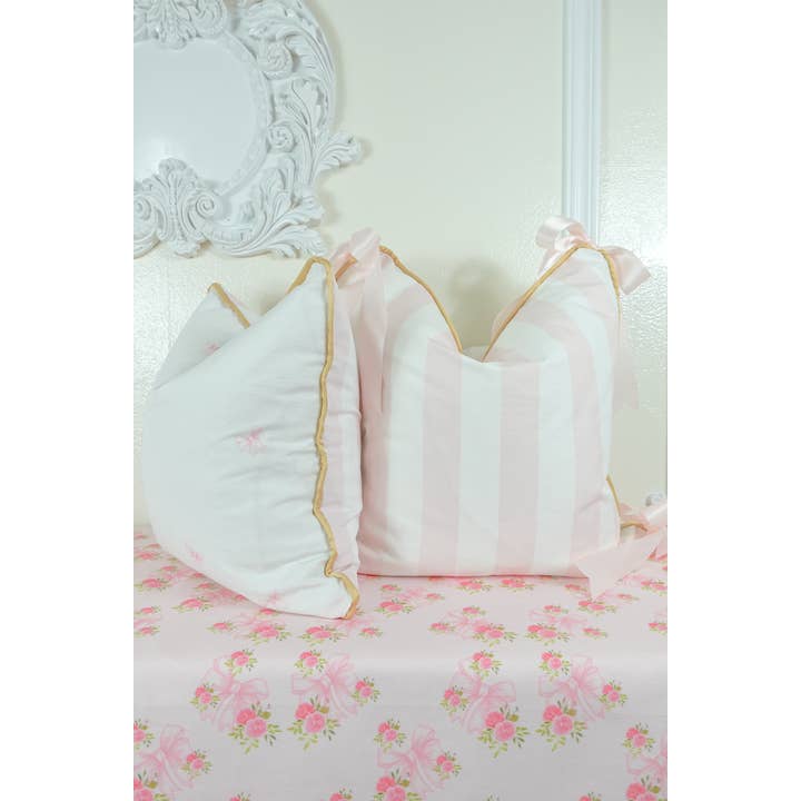 West Cottage Interiors - Wholesale Throw Pillow Cover - Abella, Pink and White Stripe With Bows Pillow Cover2
