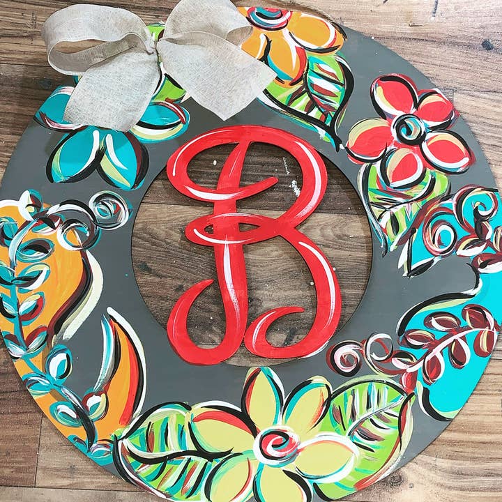 Sunflower Soul Art - Wholesale Door Hanger - Initial door hanger with bright colors on grey background