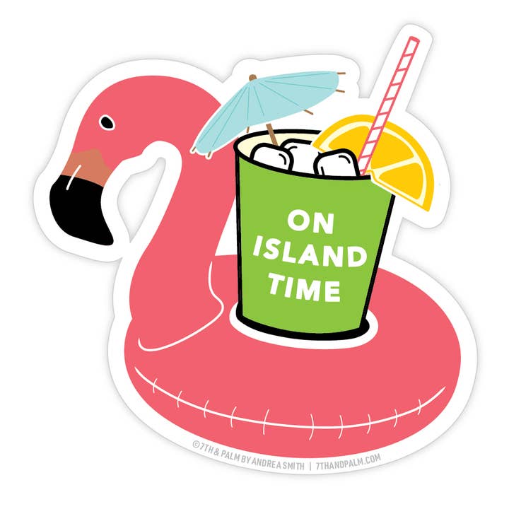 On Island Time Pink Flamingo Vinyl Sticker - Coastal Beach Sticker for wholesale by 7th & Palm