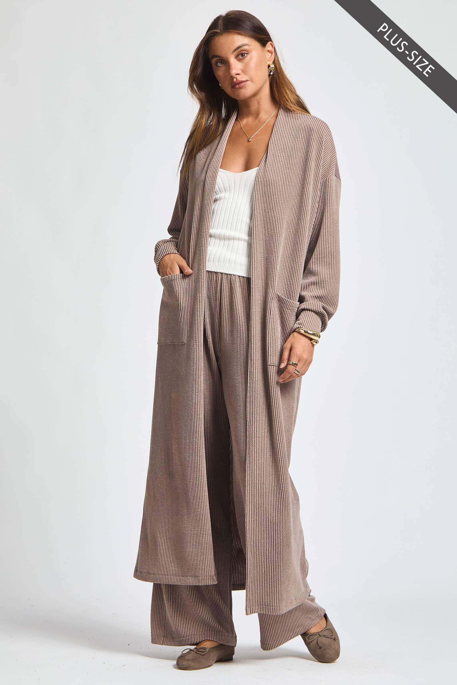 Dear Scarlett - Wholesale Top & Pant Set (NOT Loungewear) - Women's - PLUS SIZE Longline Cardigan + Relaxed Pants 2 Piece Set20