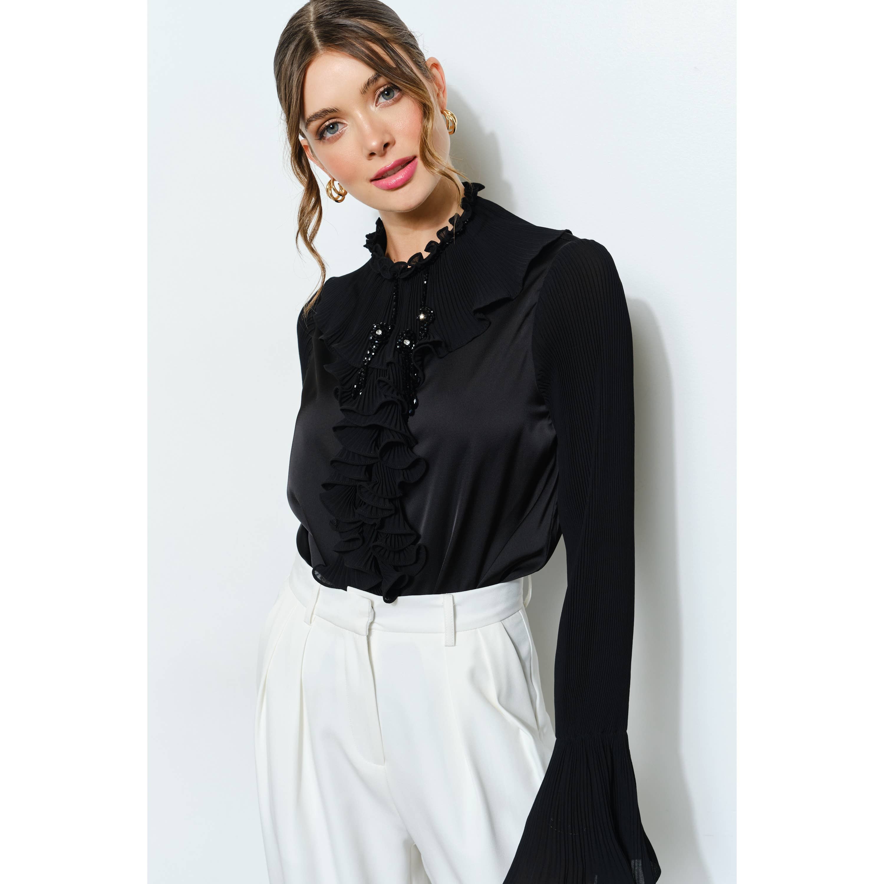 INA - Wholesale Blouse - Women's - Romantic Princess Pleated Satin Ruffled Blouse Top1