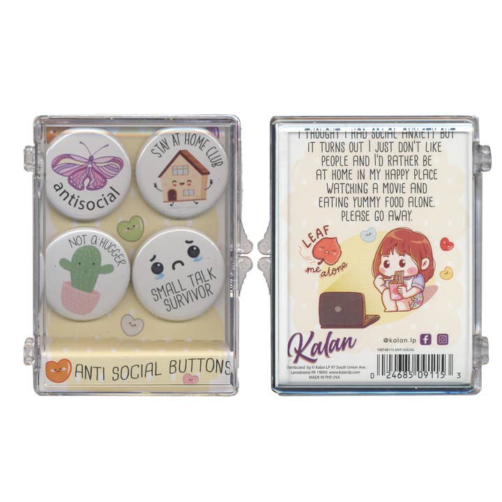 Kalan – wholesale Lapel pin/button – BT4B115 Anti Social 4 pc button set in hinged box