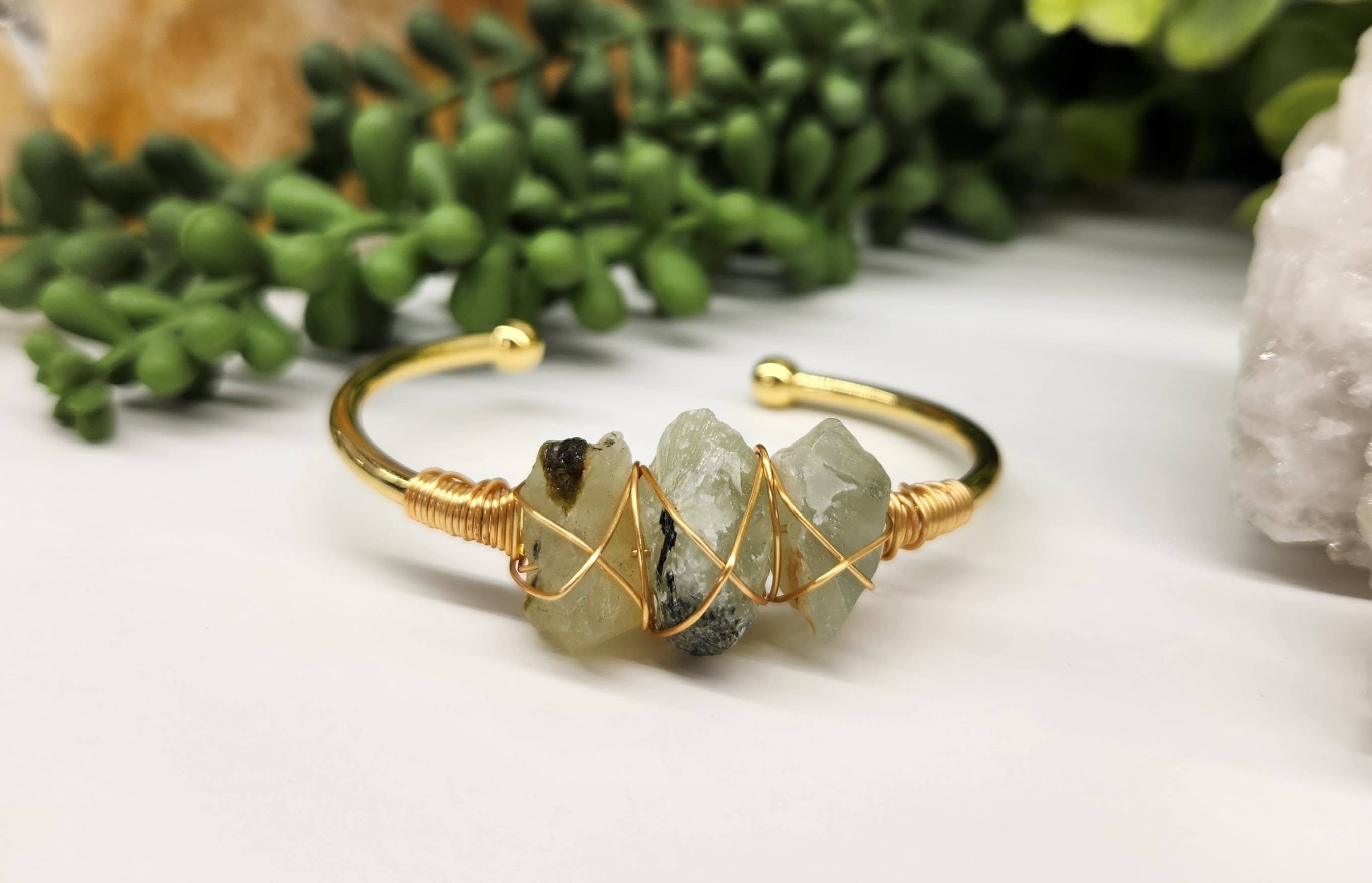 Meraki Gemstones - Wholesale Cuff Bracelet - Prehnite 3 Rough Gemstones Wire Wrapped Bangle Bracelet